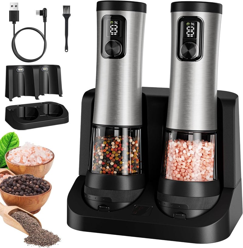 Flelano Electric Salt and Pepper Grinder Set, 2-Speed Setting, Stainless Steel Rechargeable Automatic Pepper Mill Shakers with USB Charging Base,100ml Large Capacity, External Adjustable Coarseness,LED Light - Image 1
